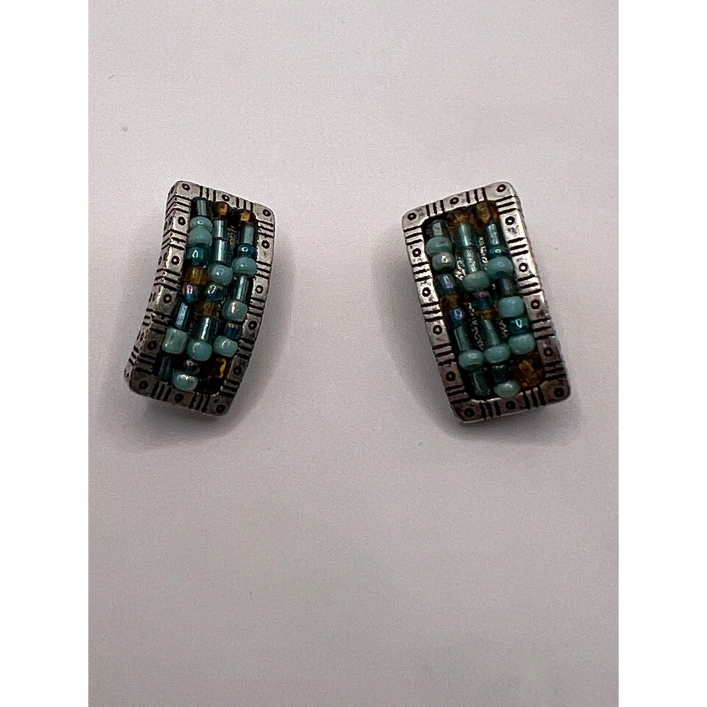 Vintage 90s Southwestern Style Seed and Bugle Bead Silver Tone Clip On Earrings
